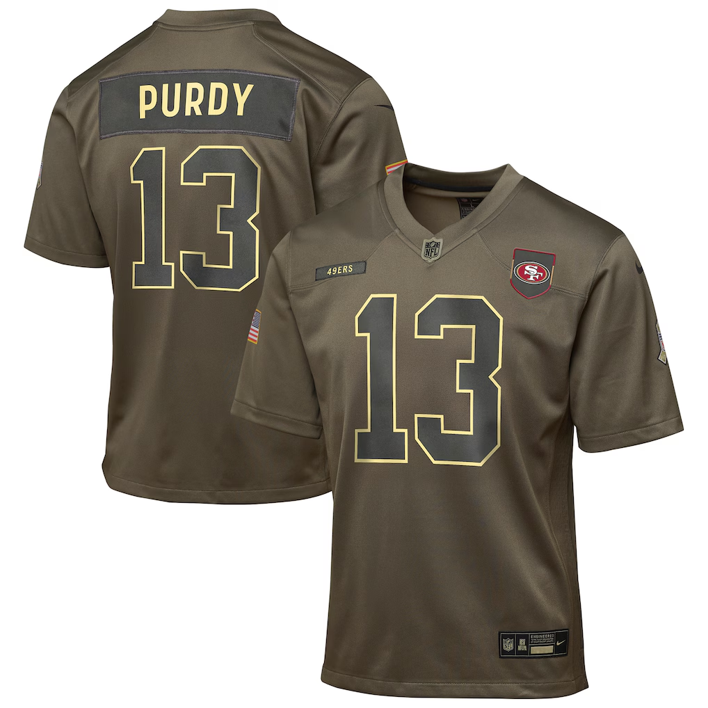 Youth San Francisco 49ers Brock Purdy Nike Olive 2025 Salute to Service Game Jersey