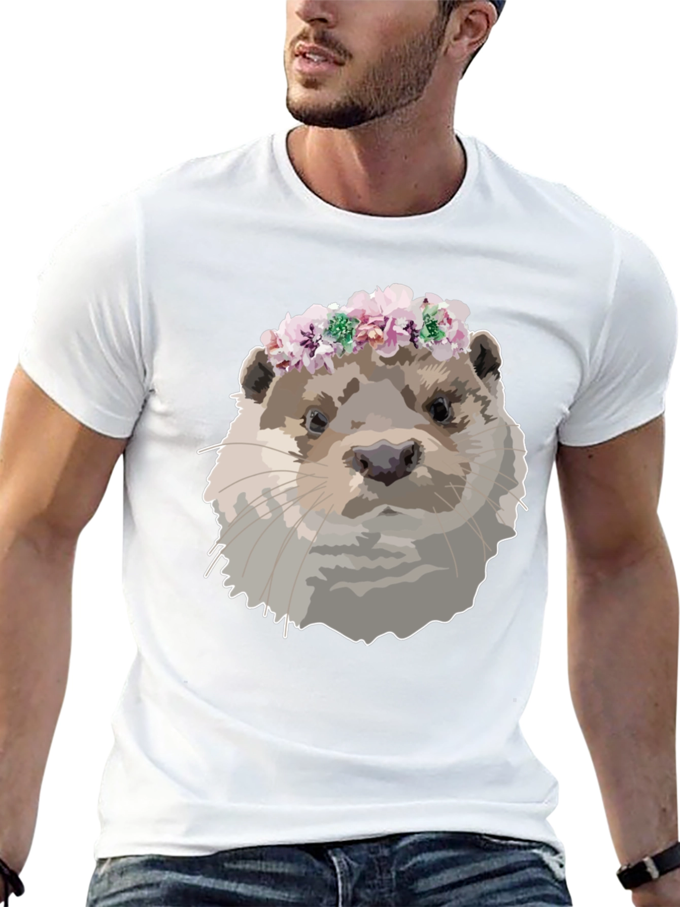 Otter with Flower Crown Black T-Shirt