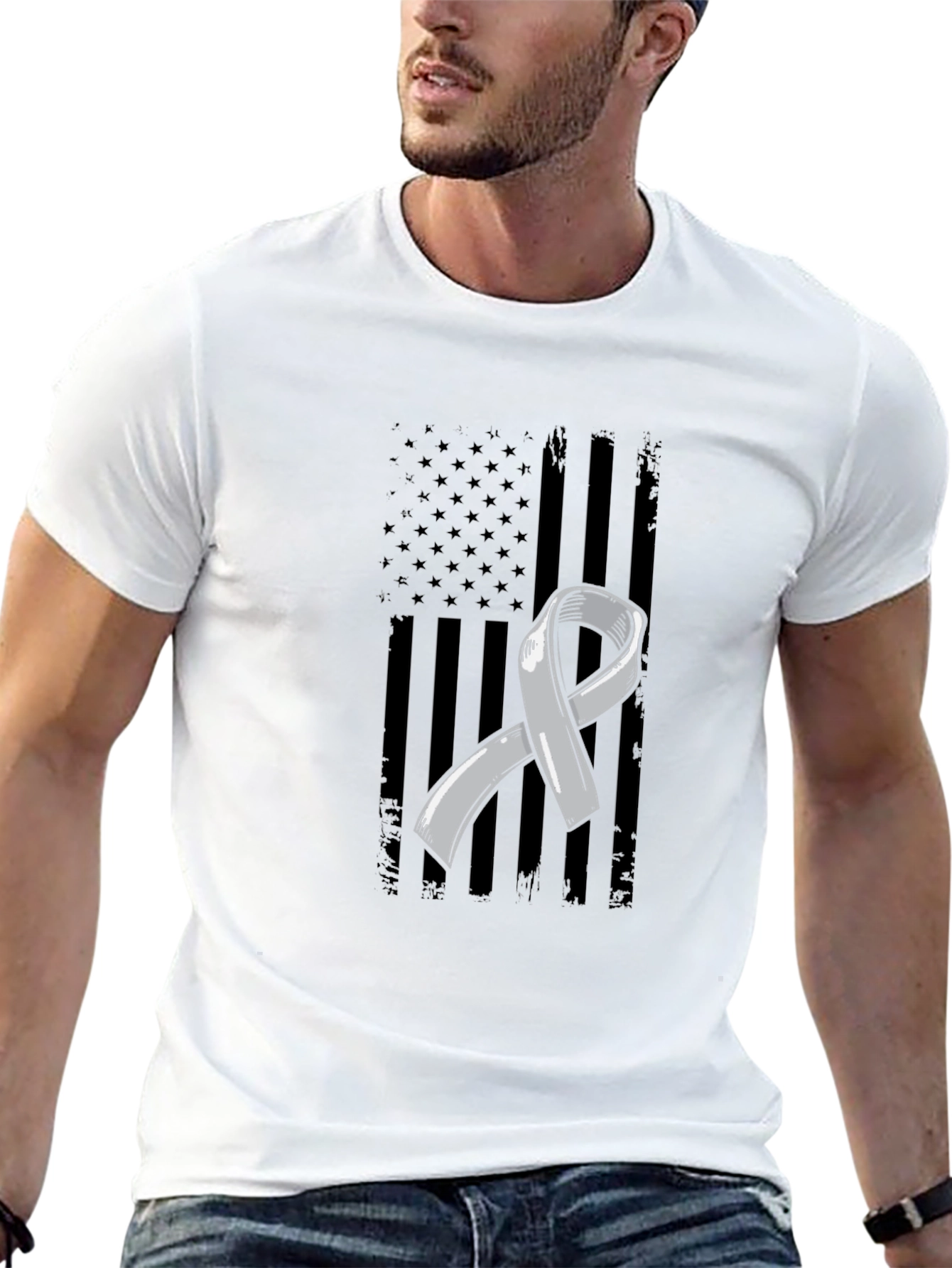 Grey Ribbon American Flag Graphic T-Shirt