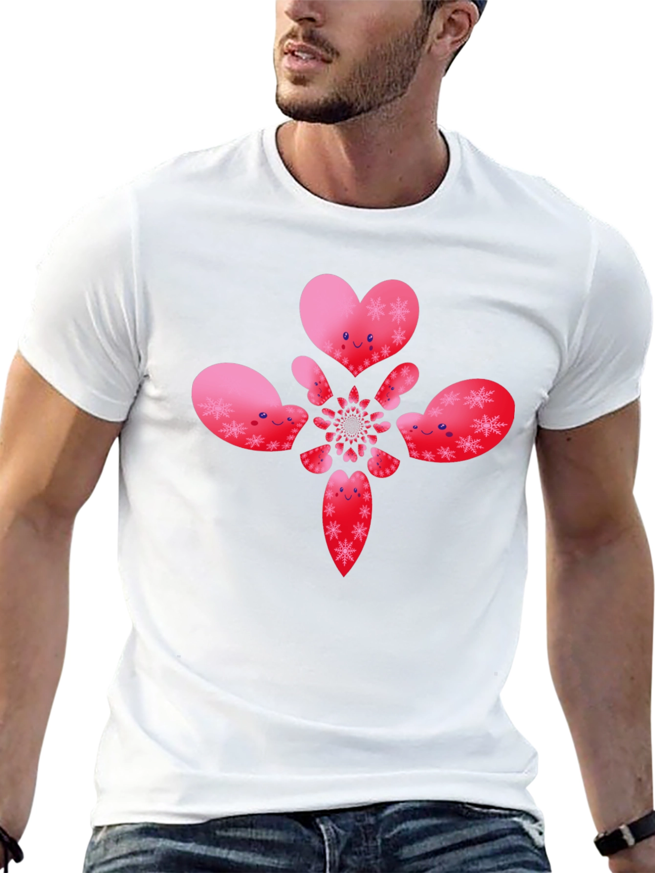 Heart Snowflake Pattern Black T-Shirt