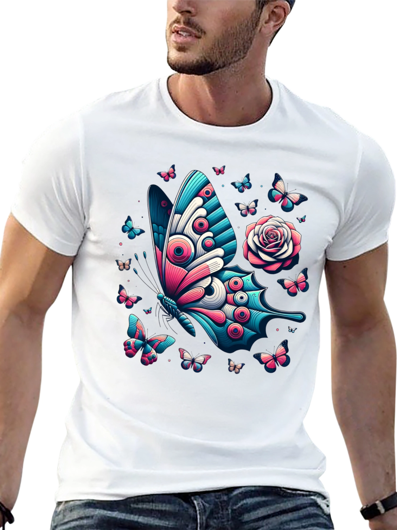 Butterfly & Rose Graphic Print Tee - Black
