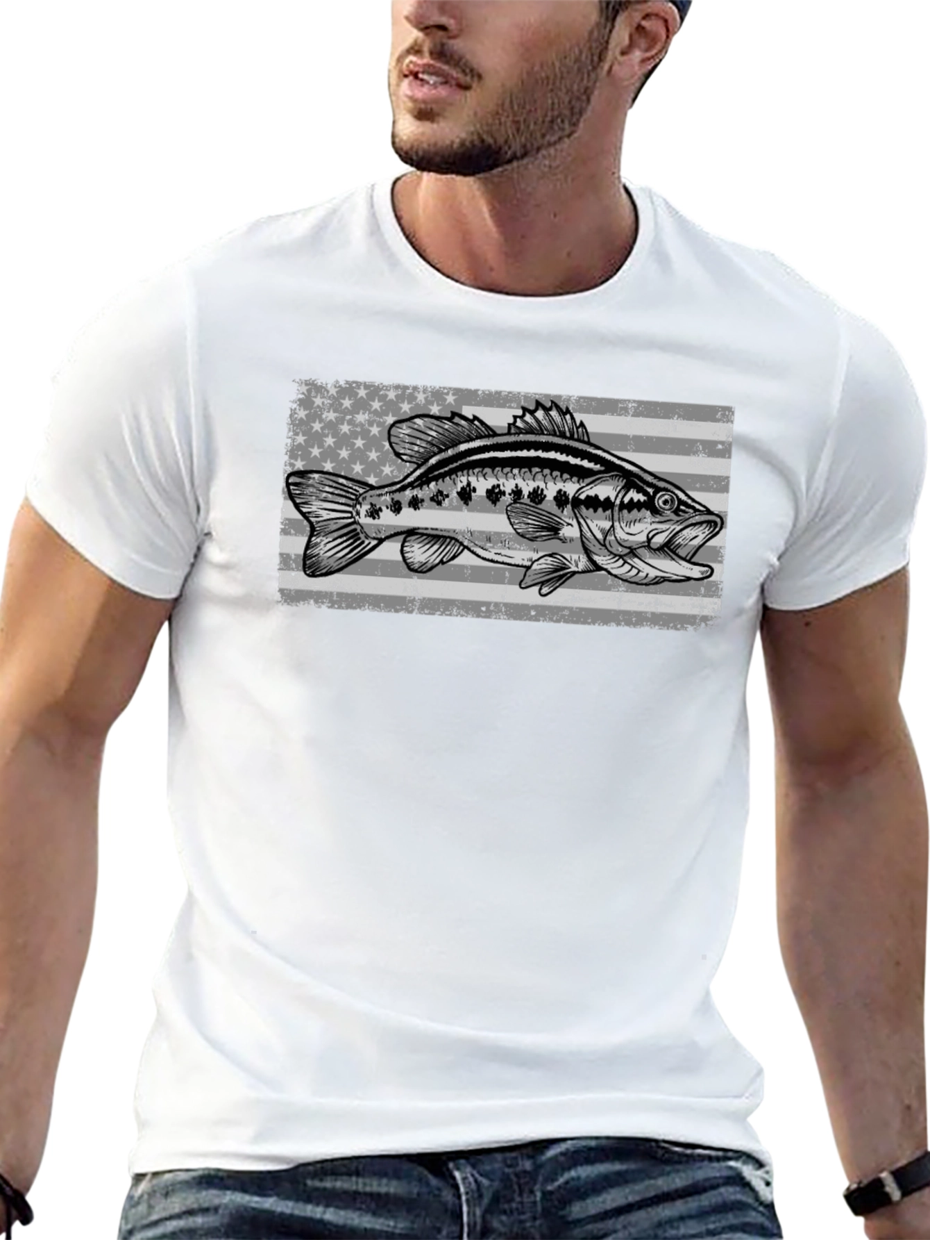 Bass Fish American Flag Graphic T-Shirt