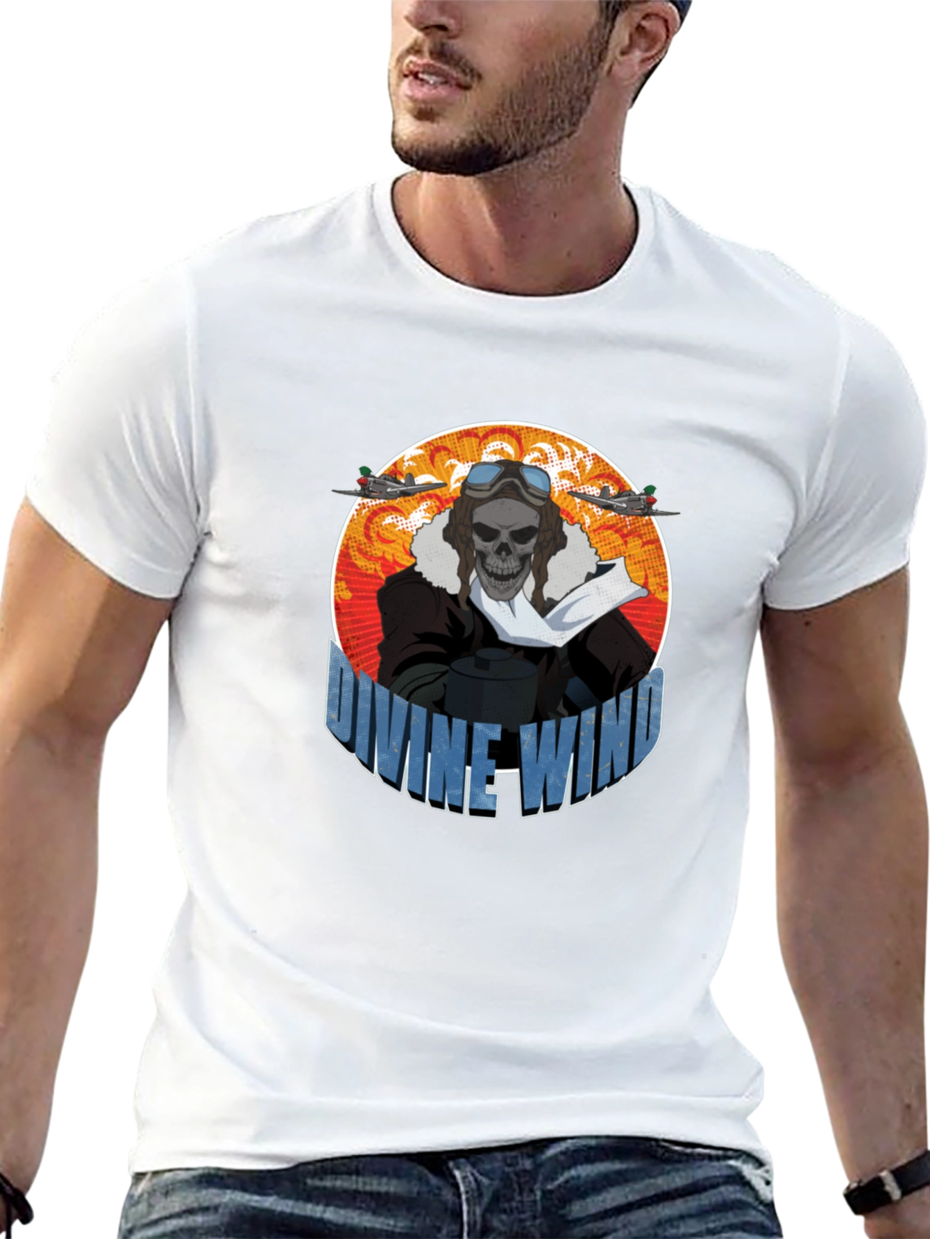 Divine Wind Skull Pilot Graphic T-Shirt