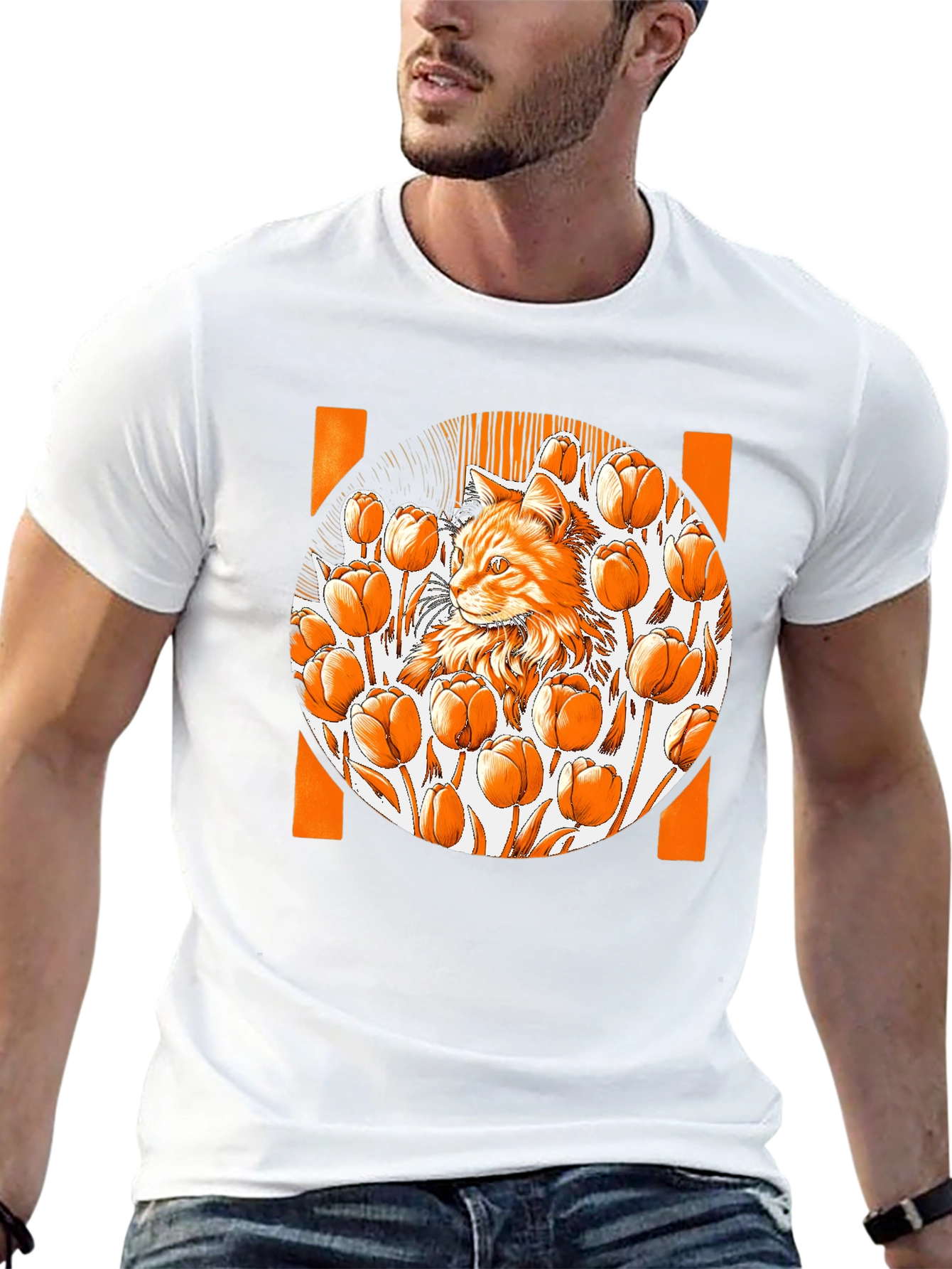 Cat & Tulips Graphic Black T-Shirt - Unique Design