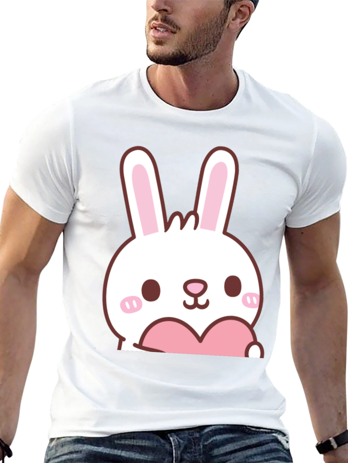 Cute Bunny with Heart Graphic T-Shirt - Black