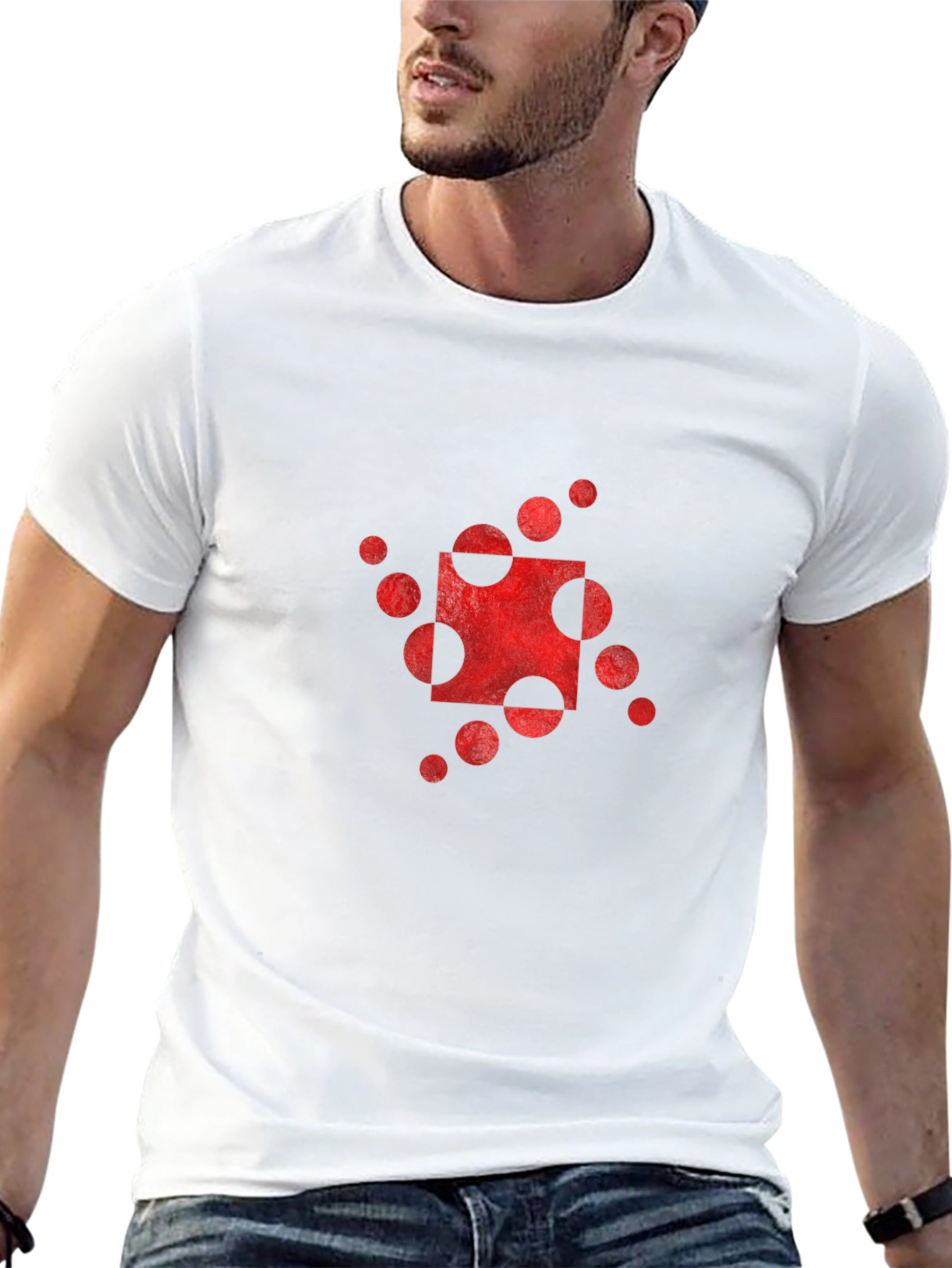 Abstract Red Circle Square Graphic Black T-Shirt