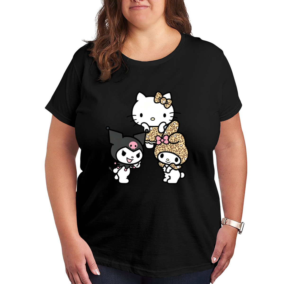 Leopard Print Sanrio Crew Hello Kitty Kuromi My Melody Plus?Size Tee