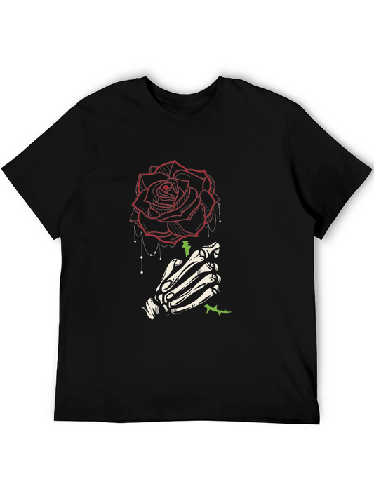 Rose & Skeleton Hand Graphic Tee - Stylish Mens Black T-Shirt