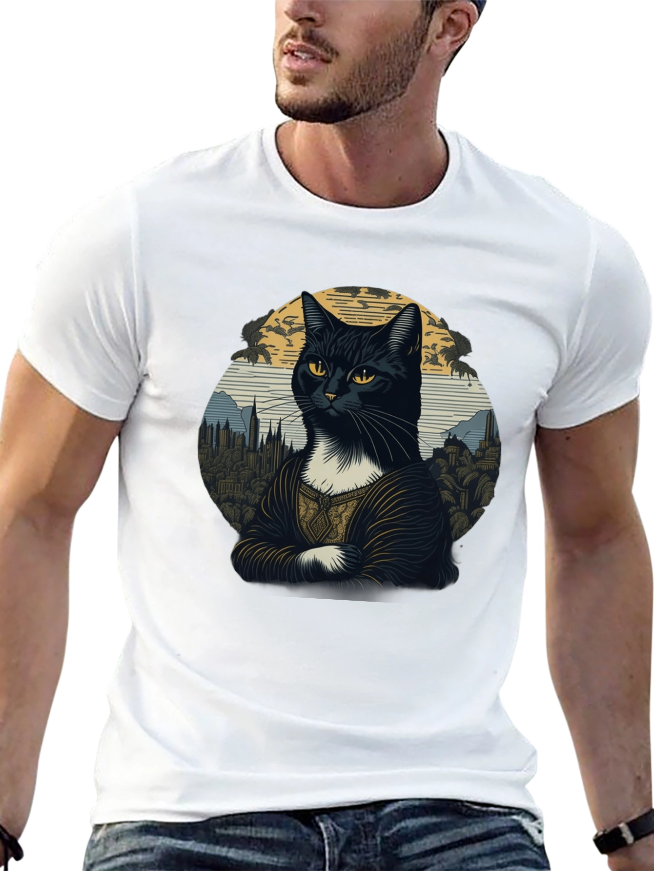 Mona Lisa Cat T-Shirt - Artistic Black Tee
