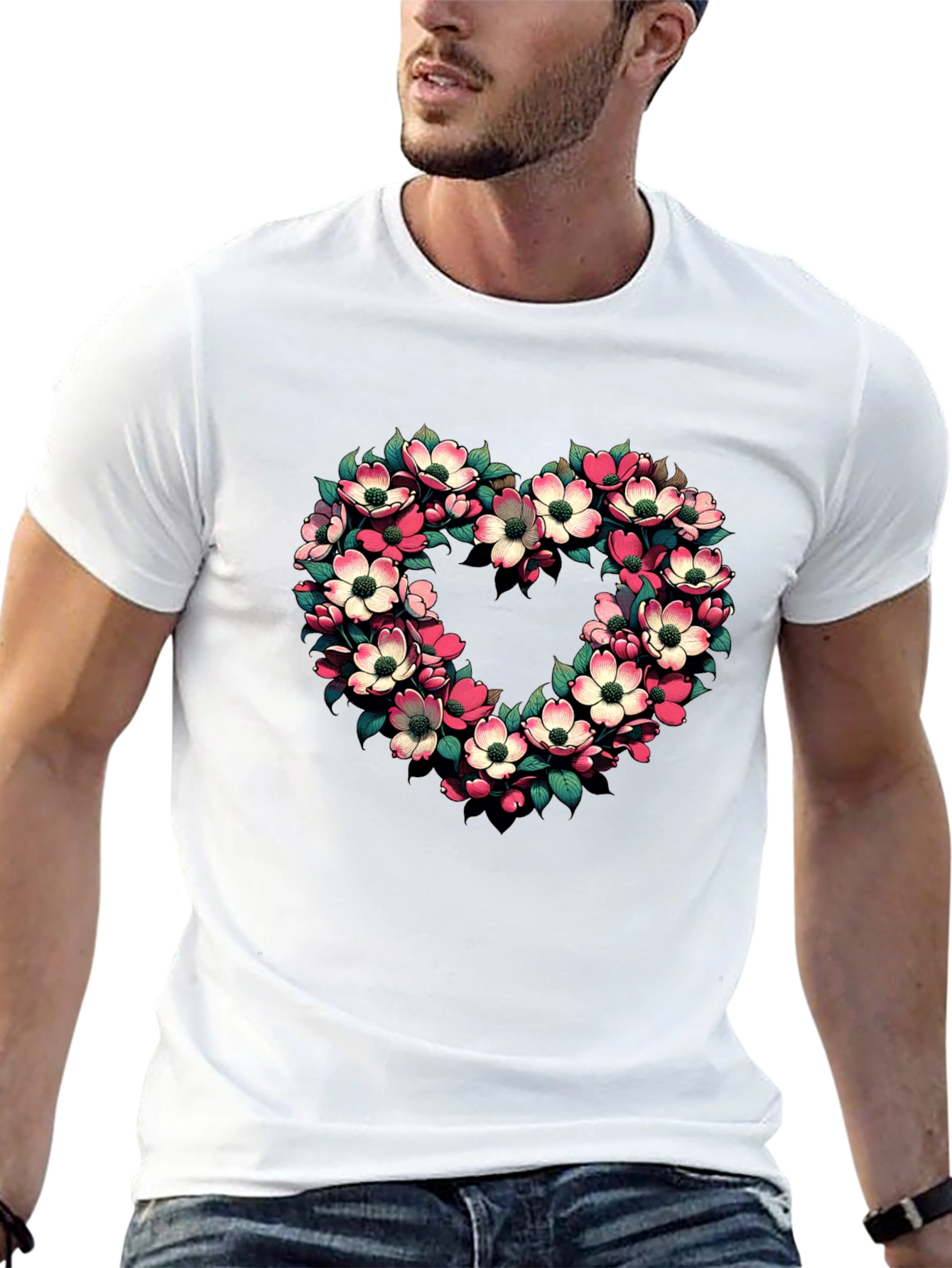 Floral Heart Graphic Tee - Black Cotton T-Shirt
