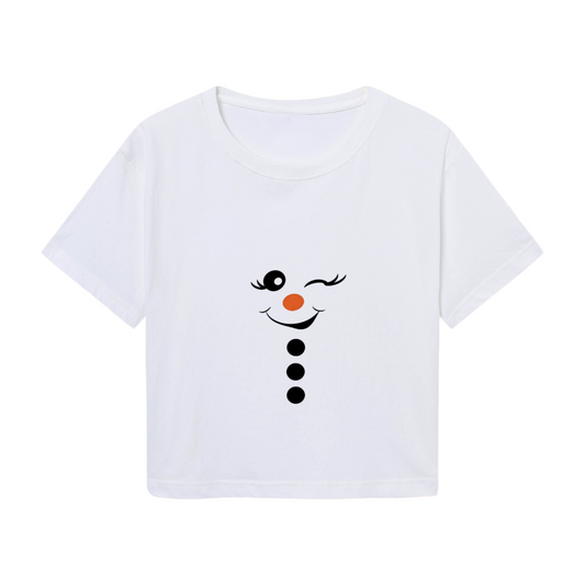Winking Snowman Face Playful Winter Graphic Crop Top