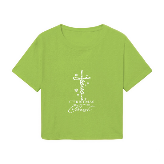 Christmas Begins With Christ Cross Green Holiday Crop Top