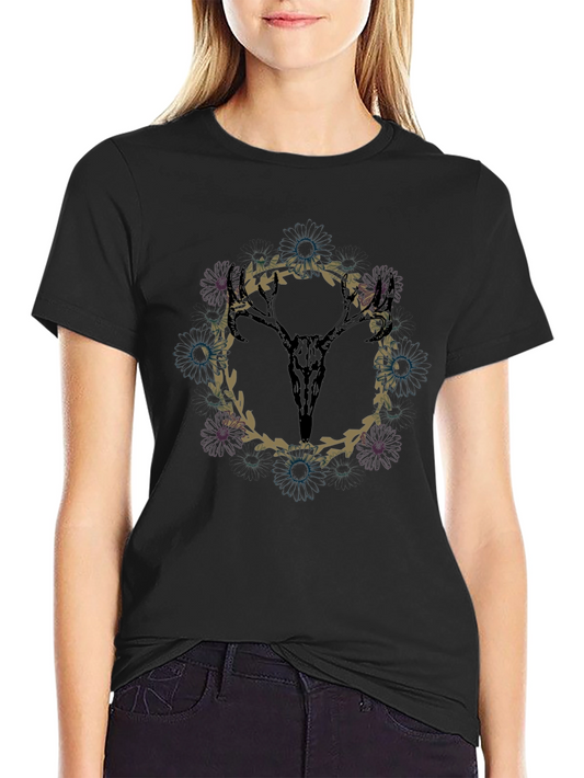 Floral Deer Skull Graphic Tee - Mens Black T-Shirt