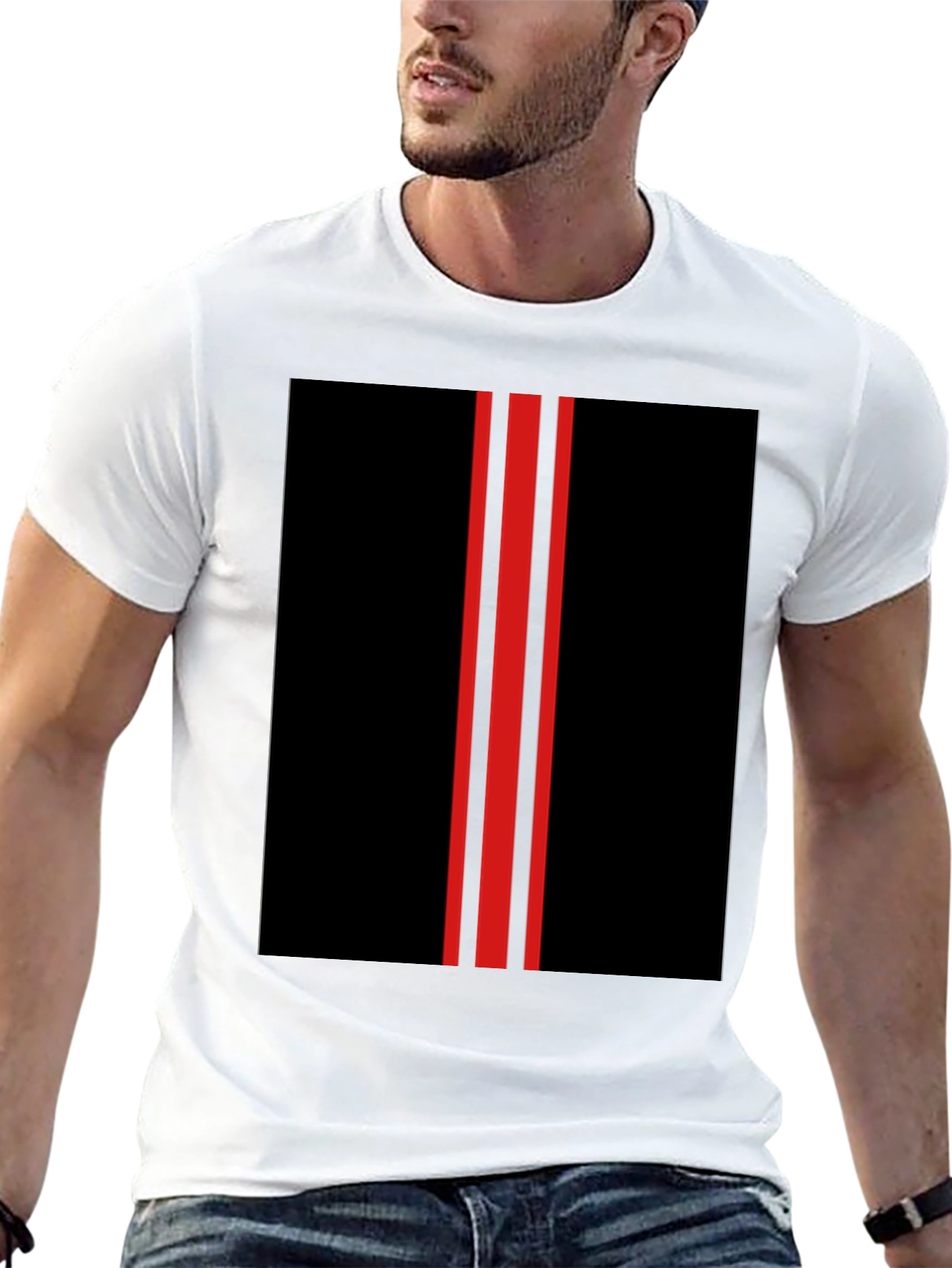Black T-Shirt with Red Racing Stripes Design