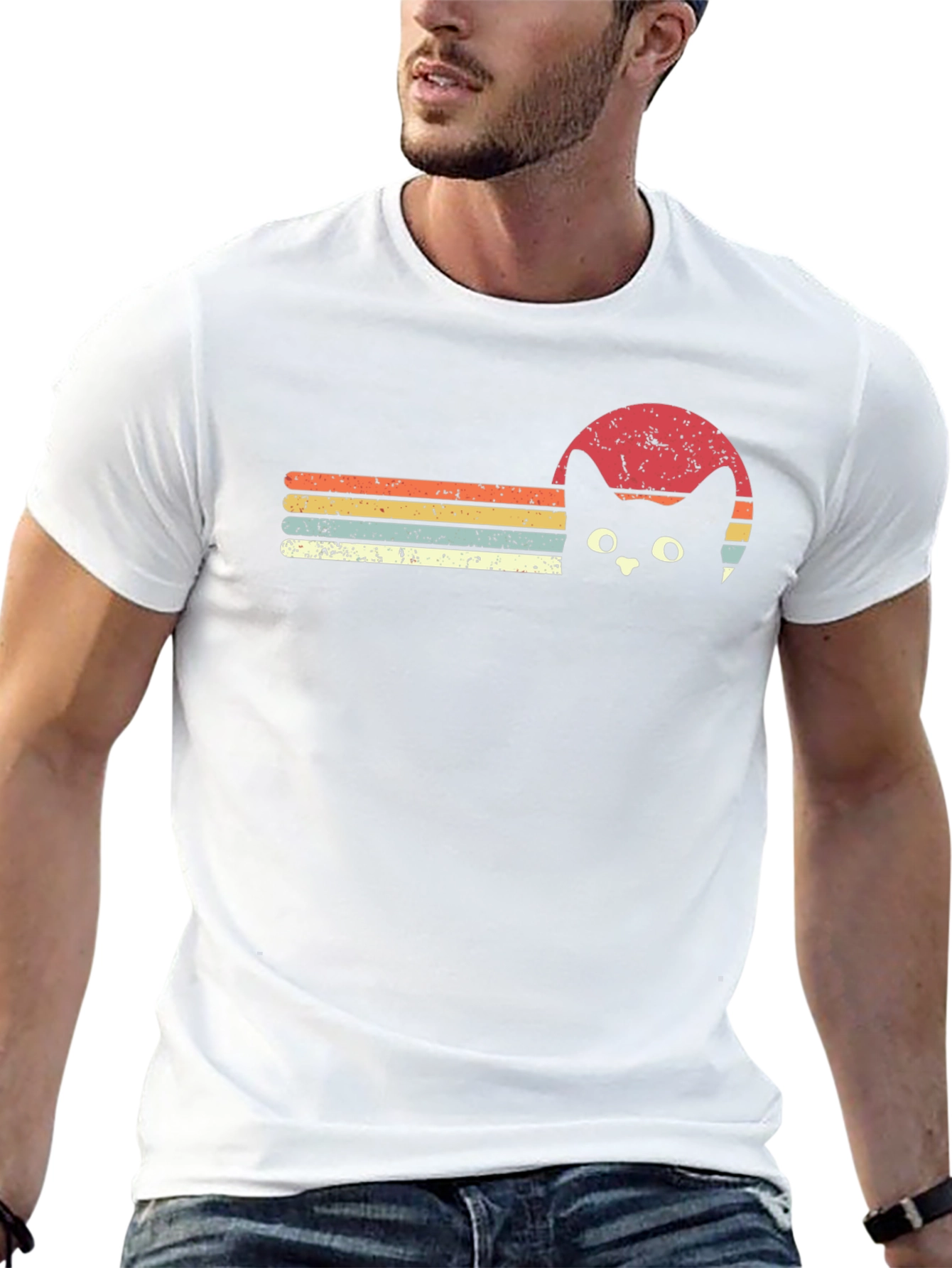 Retro Cat Sunset Graphic Tee - Black