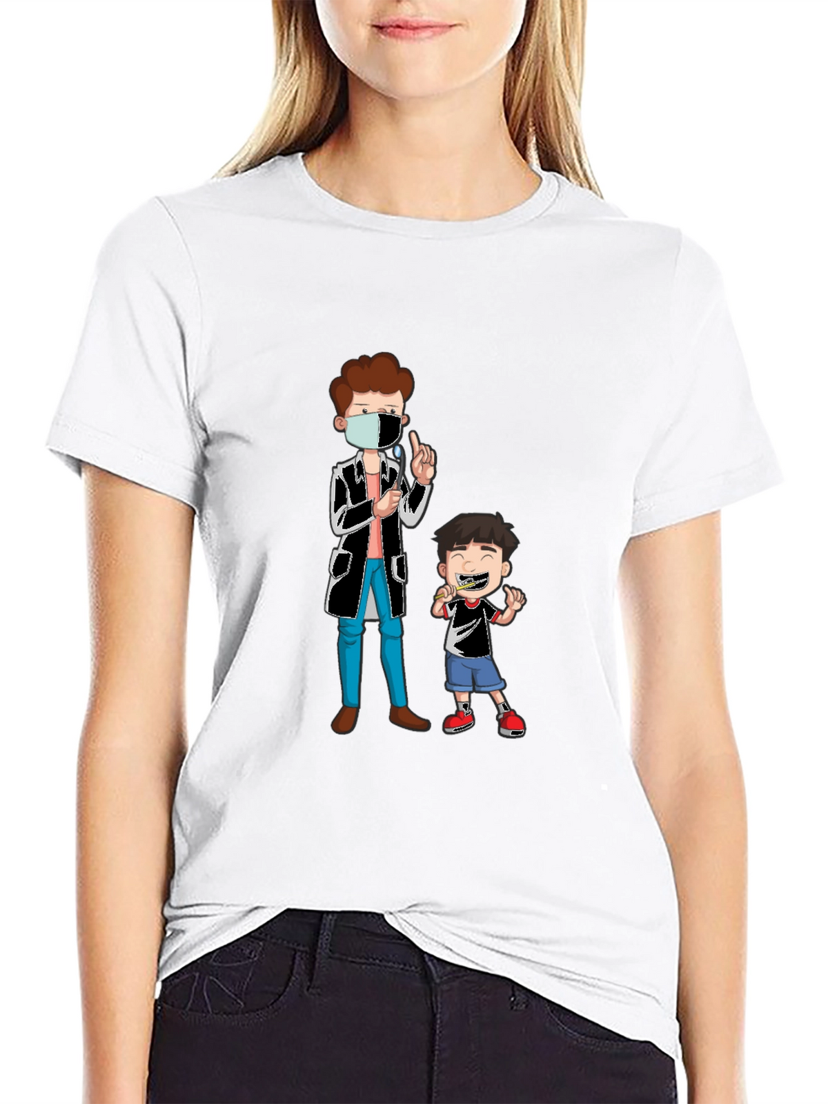 Dentist & Boy Cartoon Graphic Black T-Shirt