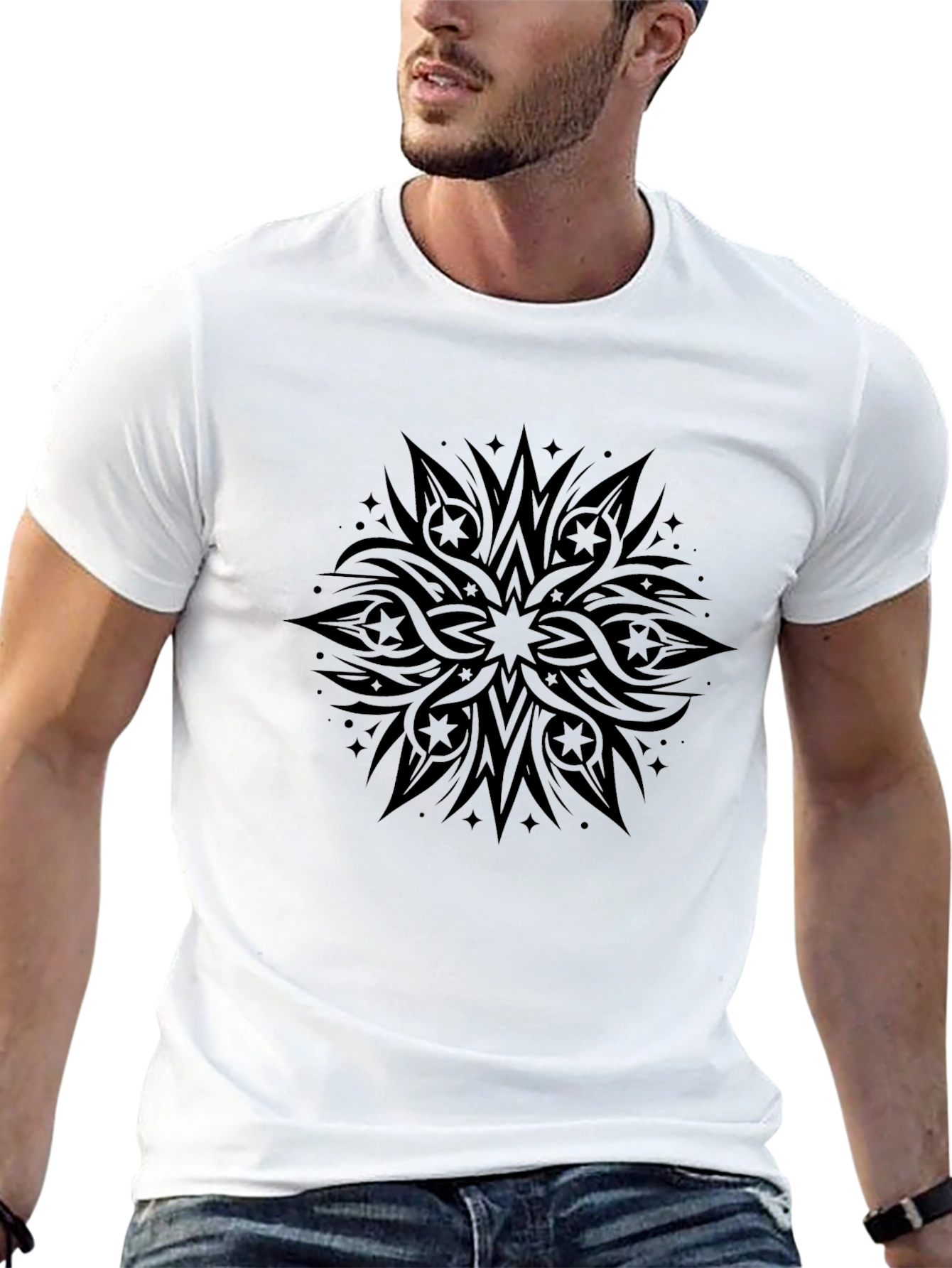 Mens Black Graphic Tee - Tribal Starburst Design