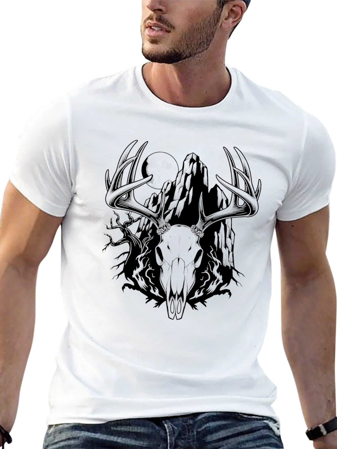 Mens Black Deer Skull Mountain Graphic Tee