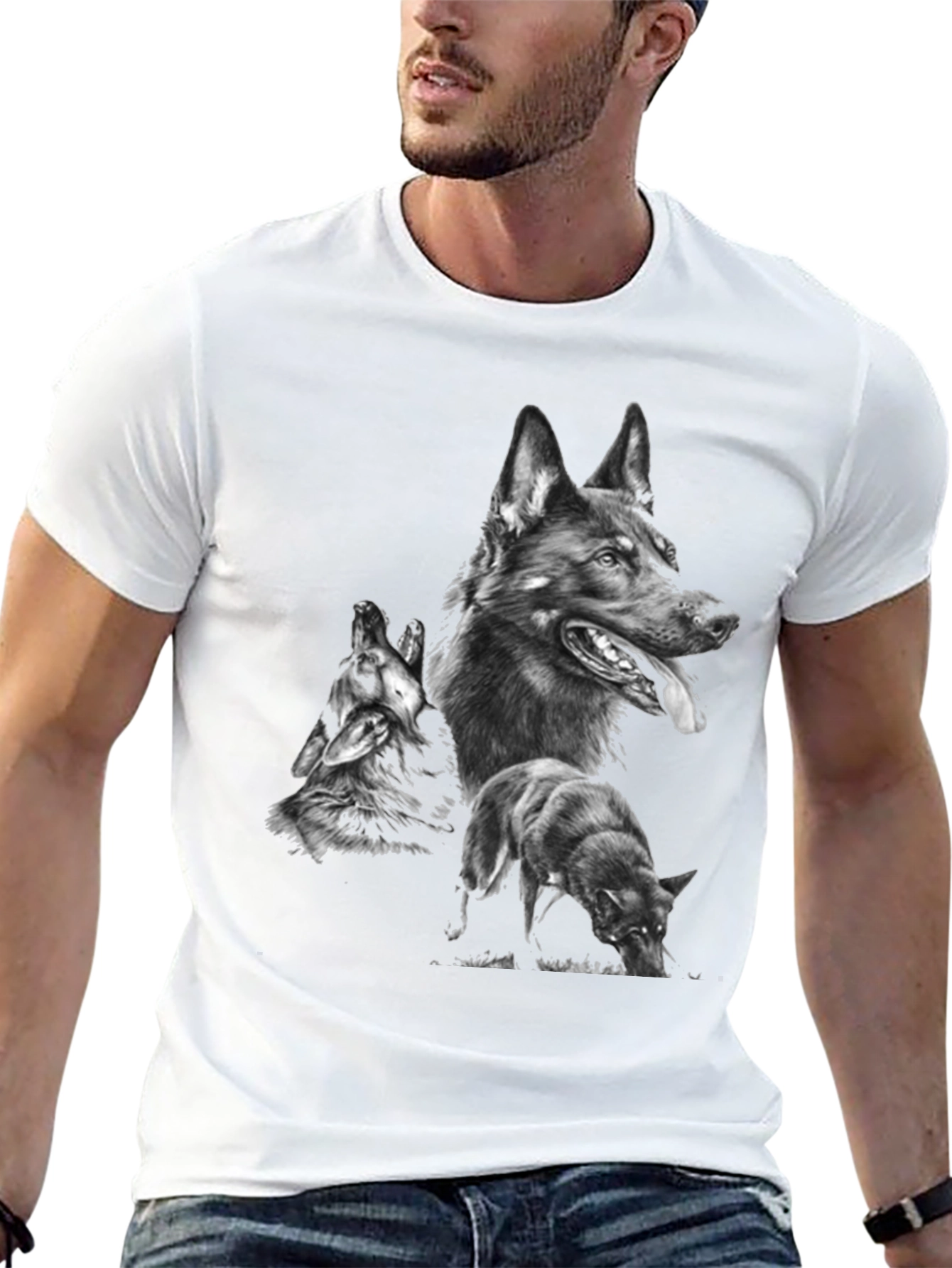 Mens Graphic Tee with Wolf Design - Black