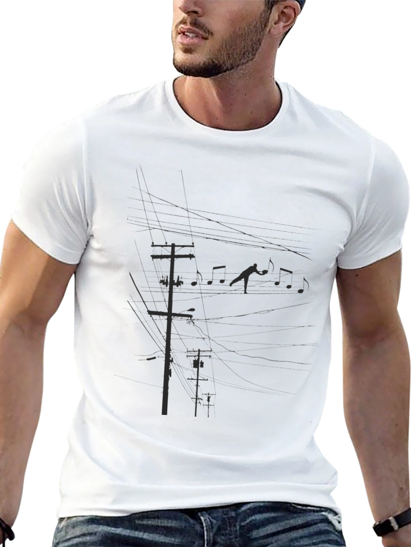 Black Graphic Tee - Power Lines and Music
