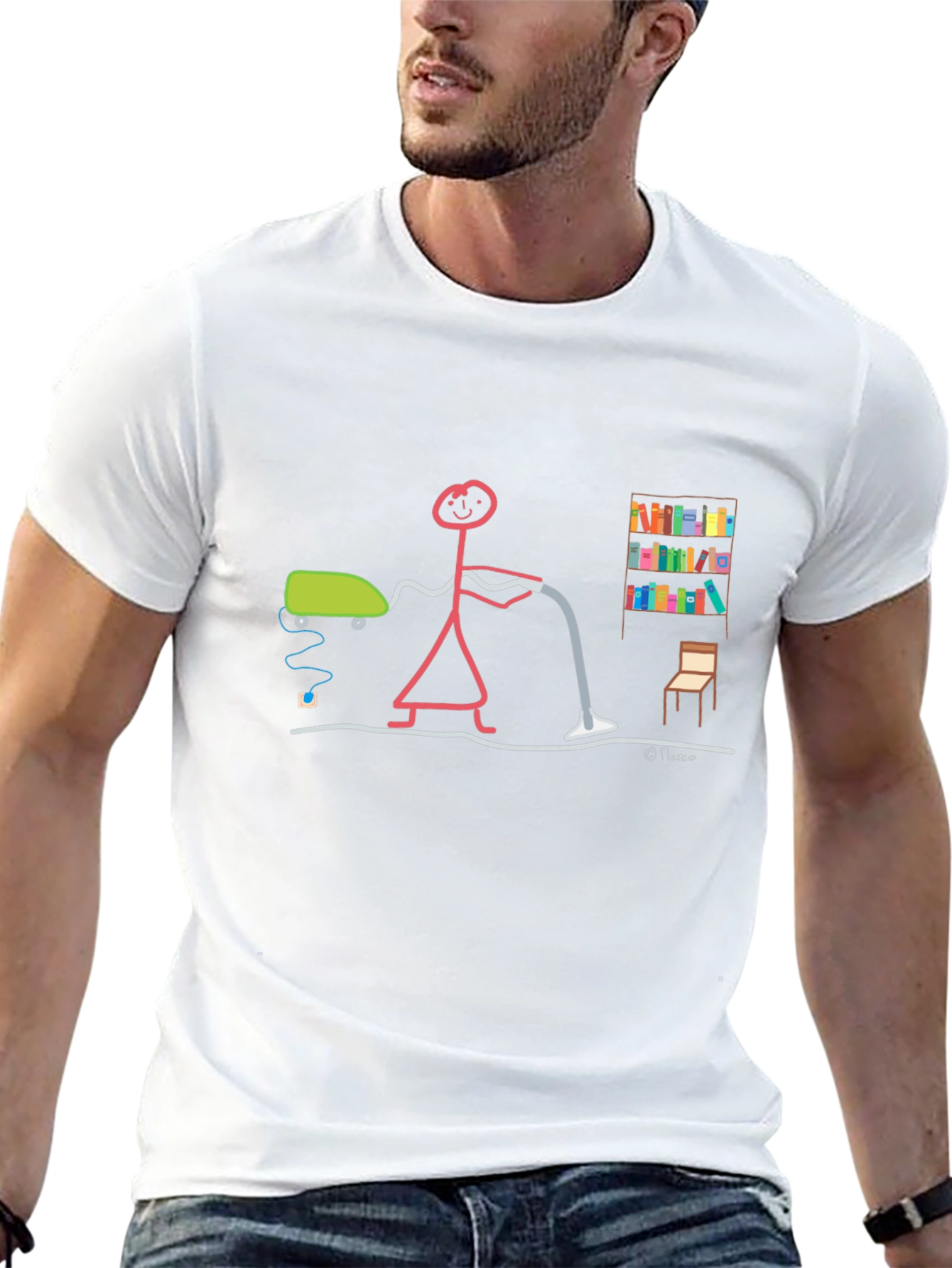 Humorous Stick Figure Vacuuming Black T-Shirt