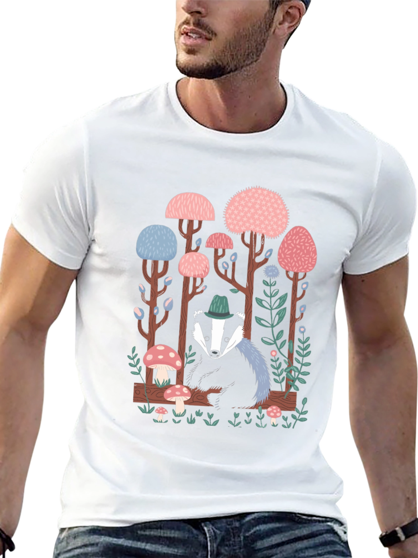 Whimsical Badger Forest Graphic Tee