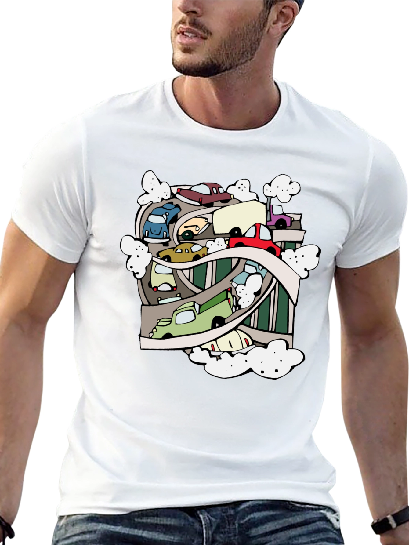 Cartoon Cars Highway Black T-Shirt