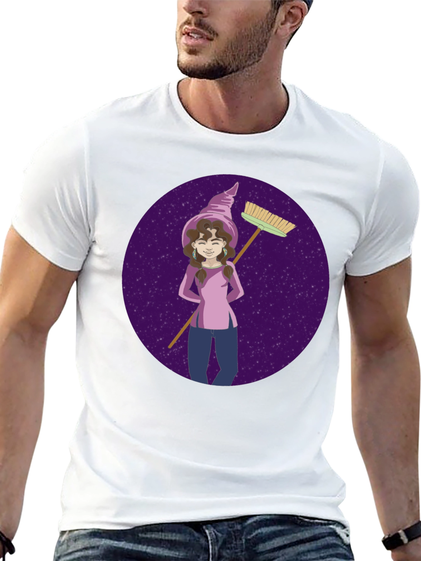 Whimsical Witch Graphic Tee - Broom & Stars Design