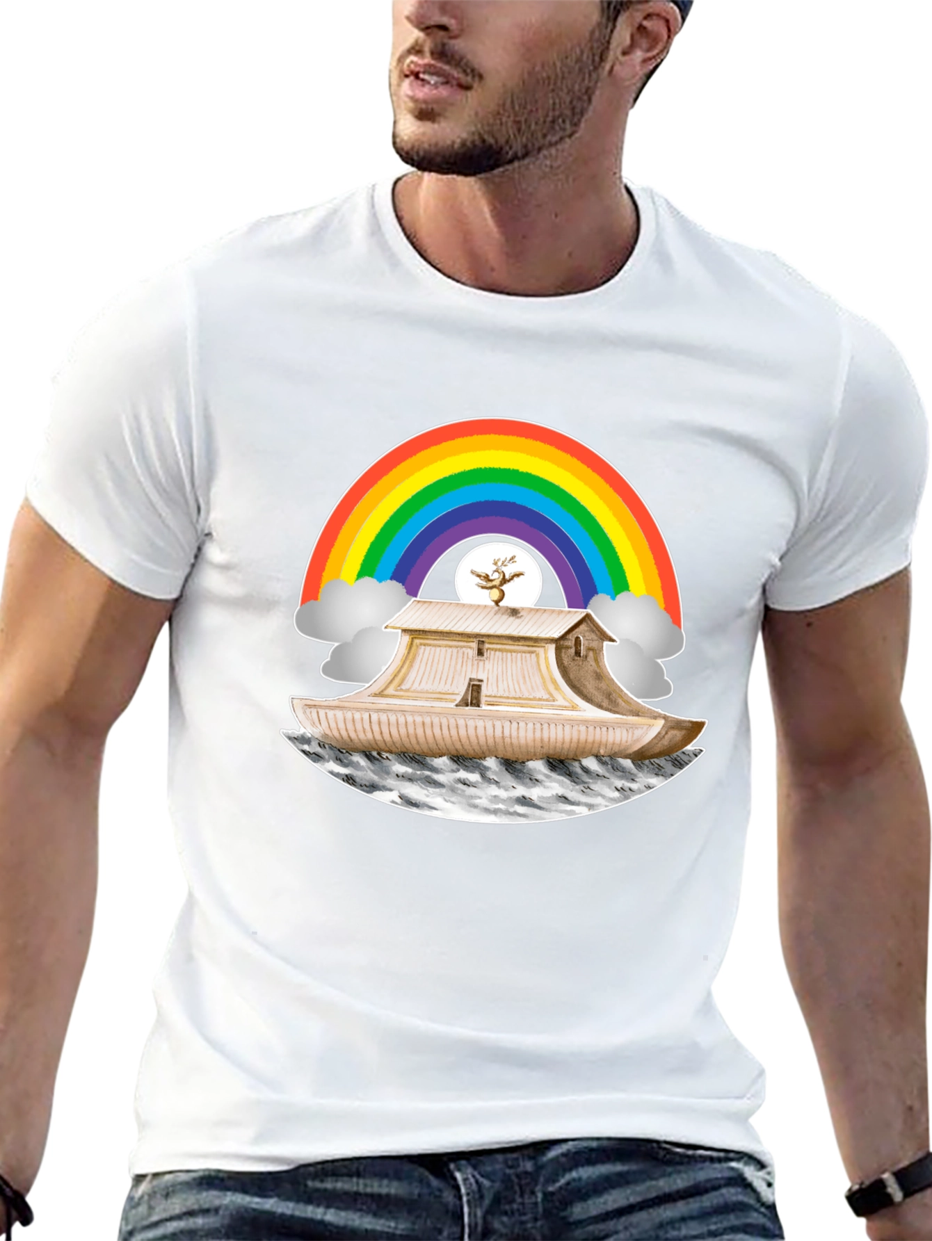 Noahs Ark Rainbow Graphic Tee - Black Cotton T-Shirt