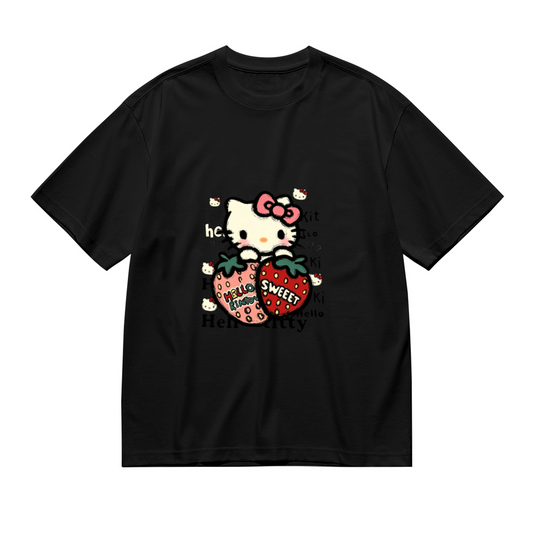 Sweet Strawberry Hello Kitty Cute Black Plus?Size Graphic Tee