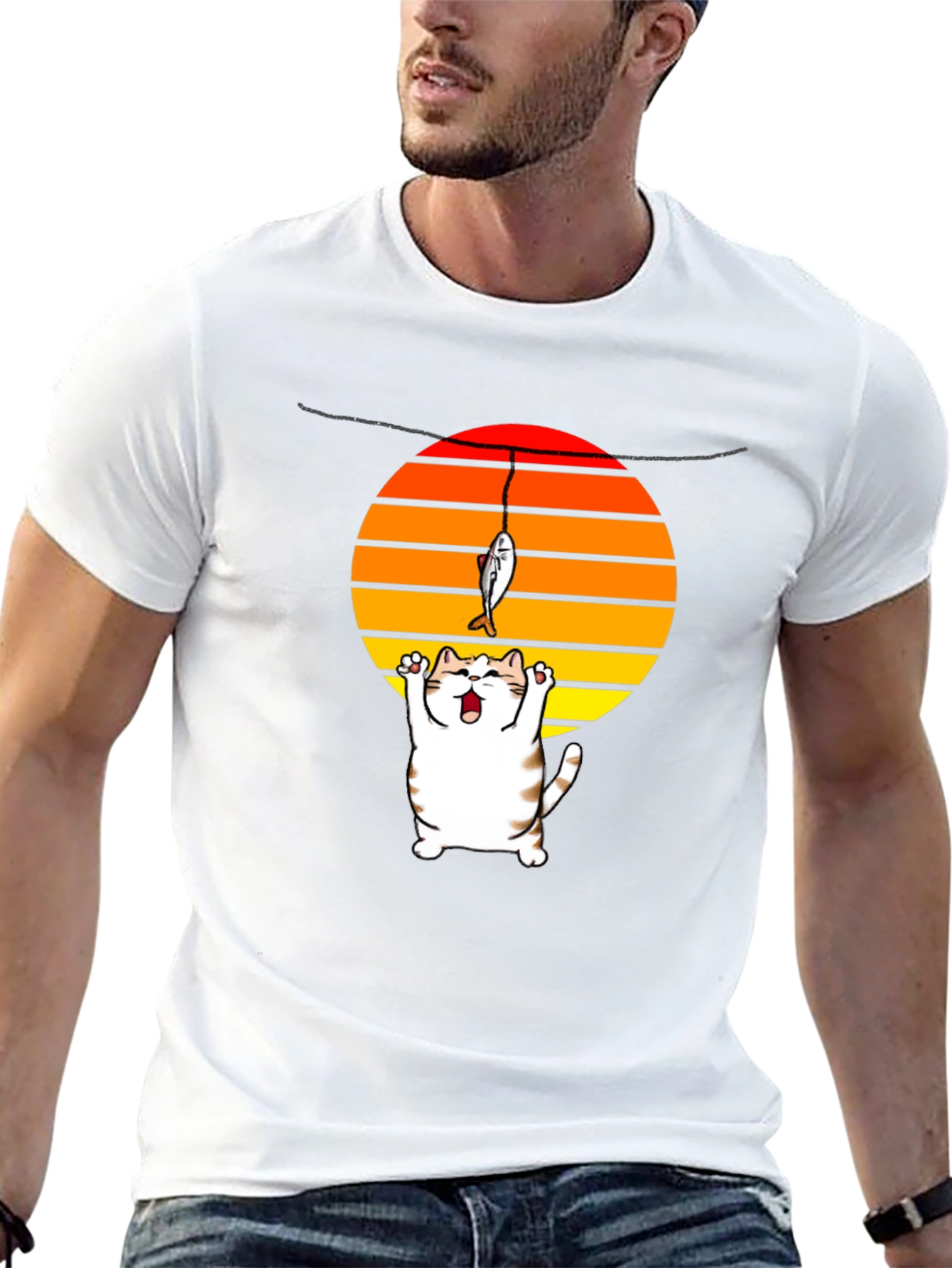 Catching Sunset Cat Graphic Tee - Funny Fishing Shirt