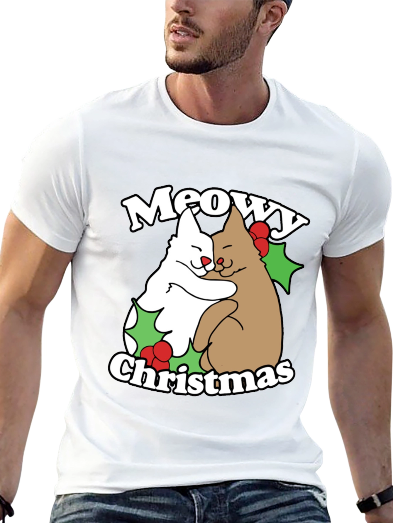 Meowy Christmas Cat Hug T-Shirt