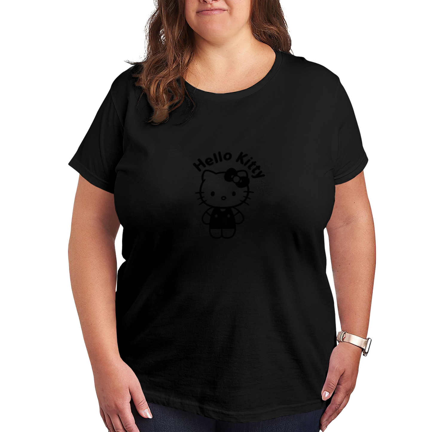 Minimal Black?Outline Hello Kitty Logo Plus Size Women White Short Sleeve Tee