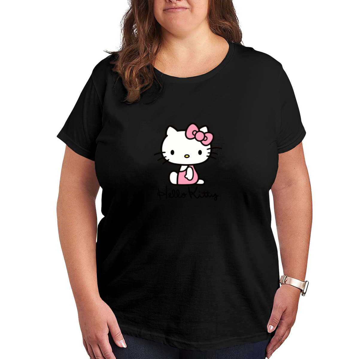 Minimal Sitting Hello Kitty Logo Plus?Size Women White Short Sleeve Tee