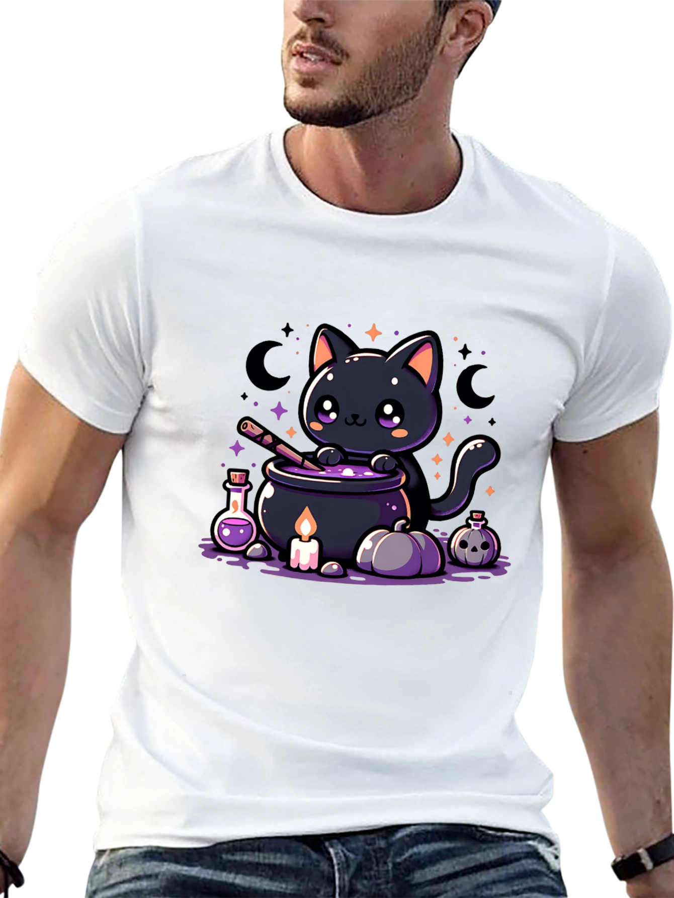 Kawaii Halloween Black Cat Potion Brewing T-Shirt