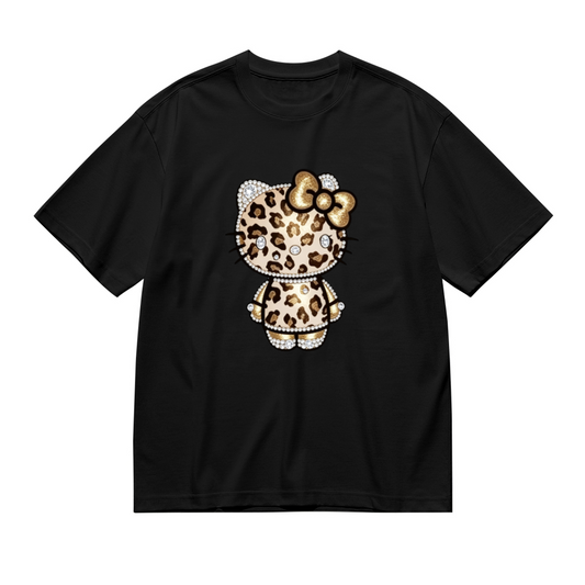 Bling Rhinestone?Effect Leopard Hello Kitty Plus?Size Black Tee