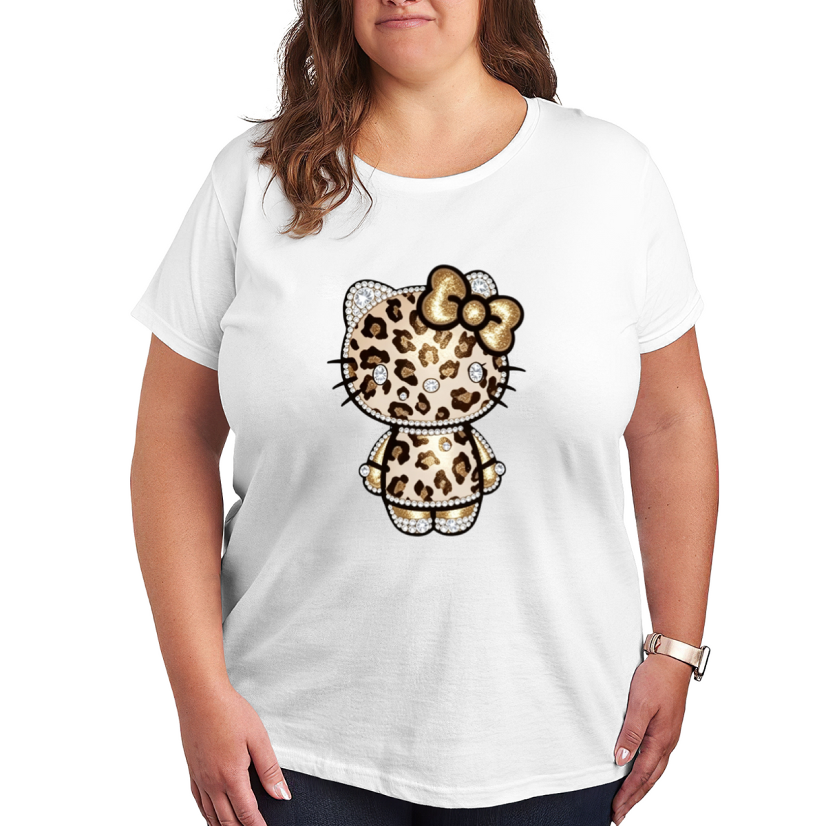 Bling Rhinestone?Effect Leopard Hello Kitty Plus?Size Black Tee