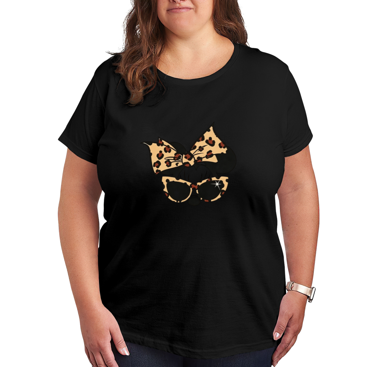 Leopard Print Bow Minnie Mouse Cool Sunglasses Plus?Size Women Tee