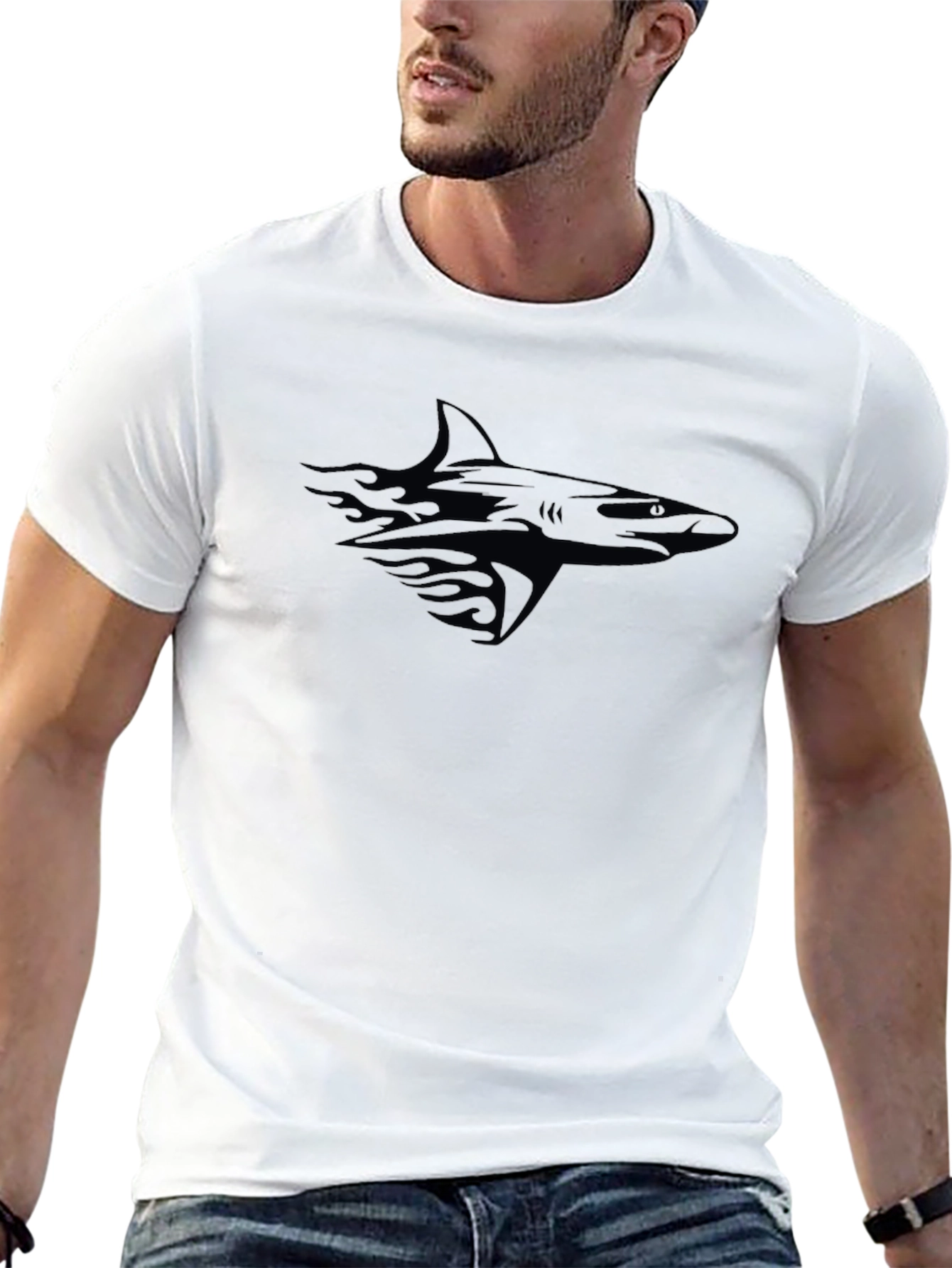 Mens Black Graphic T-Shirt - Shark Design