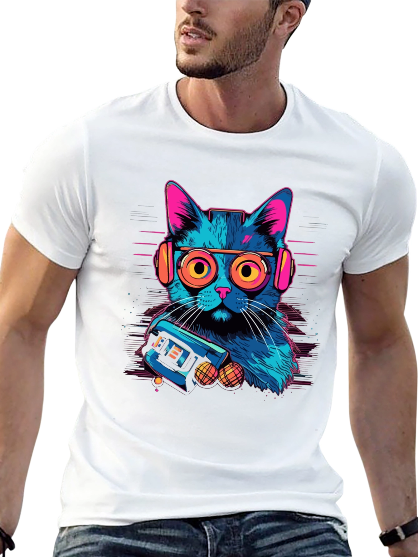 Retro Cat Gamer Black T-Shirt