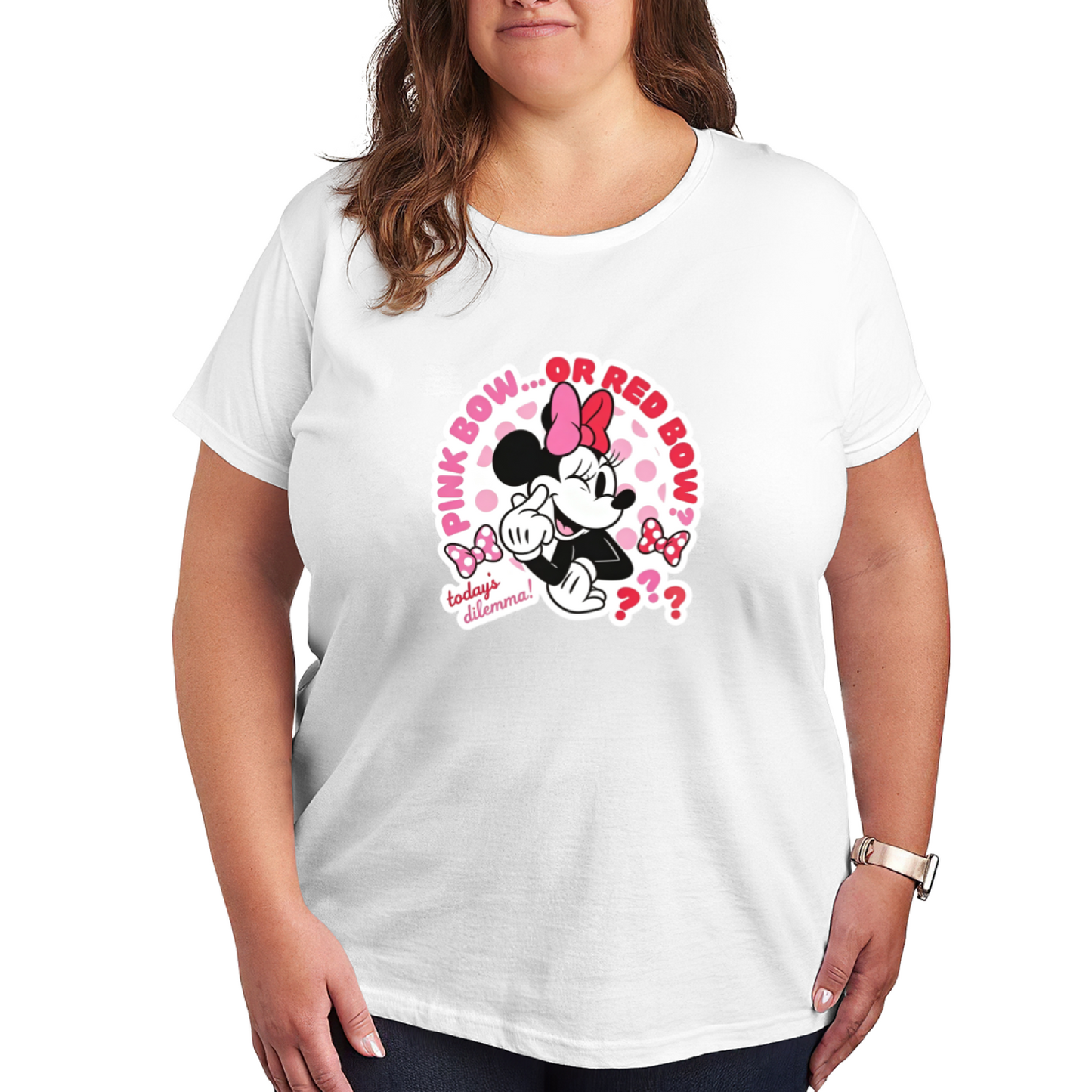Fun Minnie Mouse Pink Or Red Bow Dilemma Plus Size Women Casual Tee