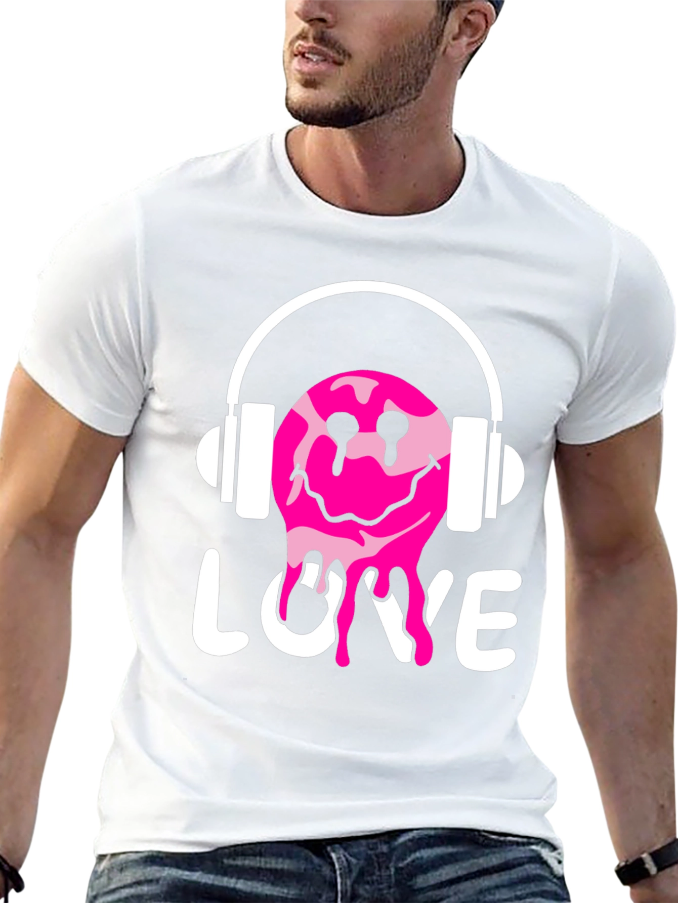 Love Drip Smiley Face Headphones Graphic Tee