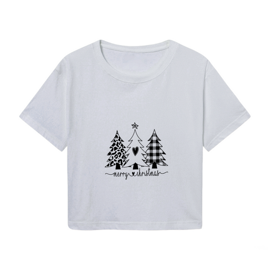 Leopard Buffalo Plaid Merry Christmas Tree Crop Tee
