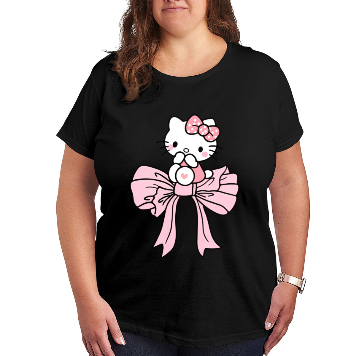 Dreamy Big Pink Bow Hello Kitty Sweet Plus Size Women Fashion Tee