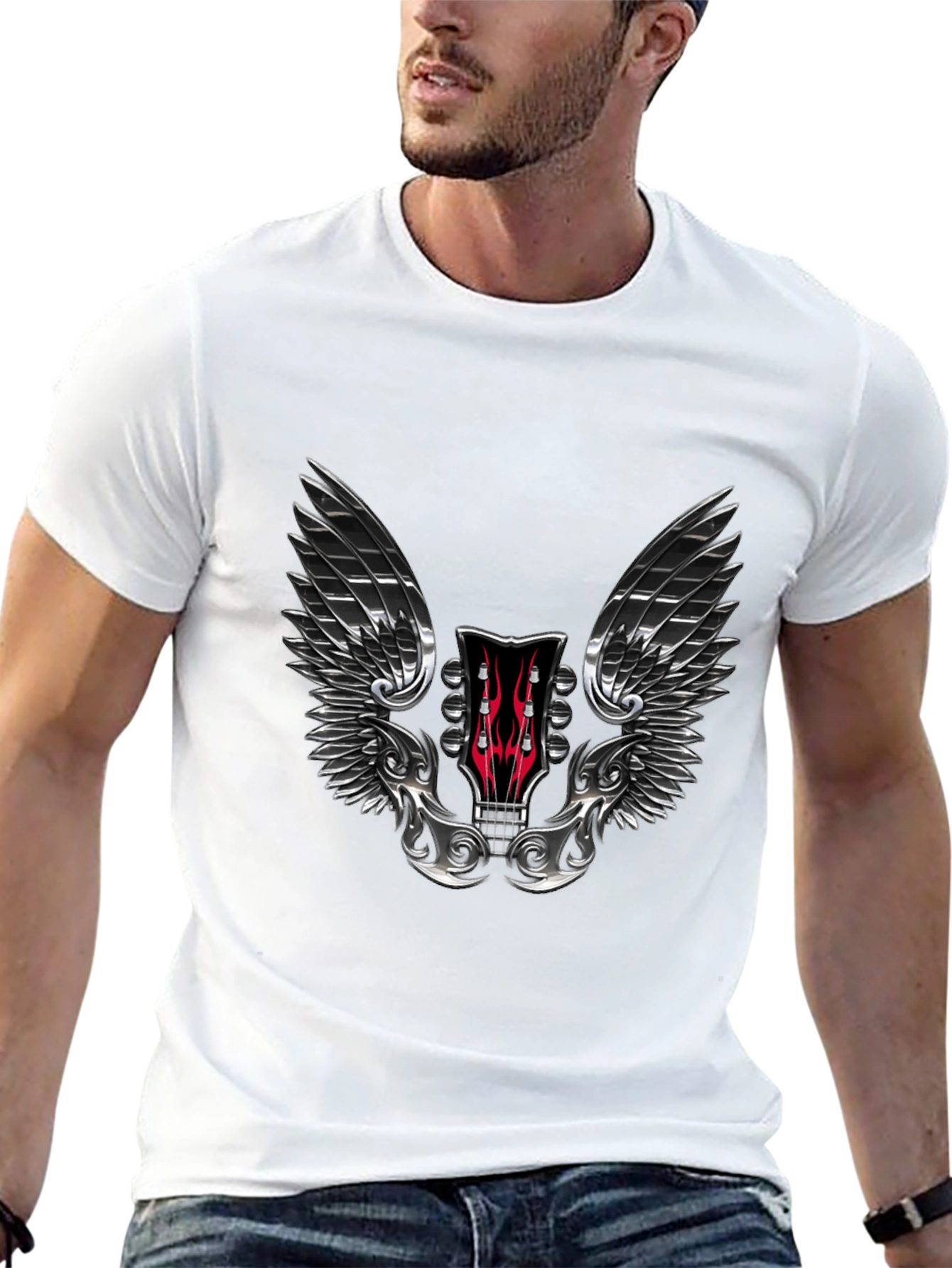 Winged Guitar Headstock Graphic Tee - Rocker Style