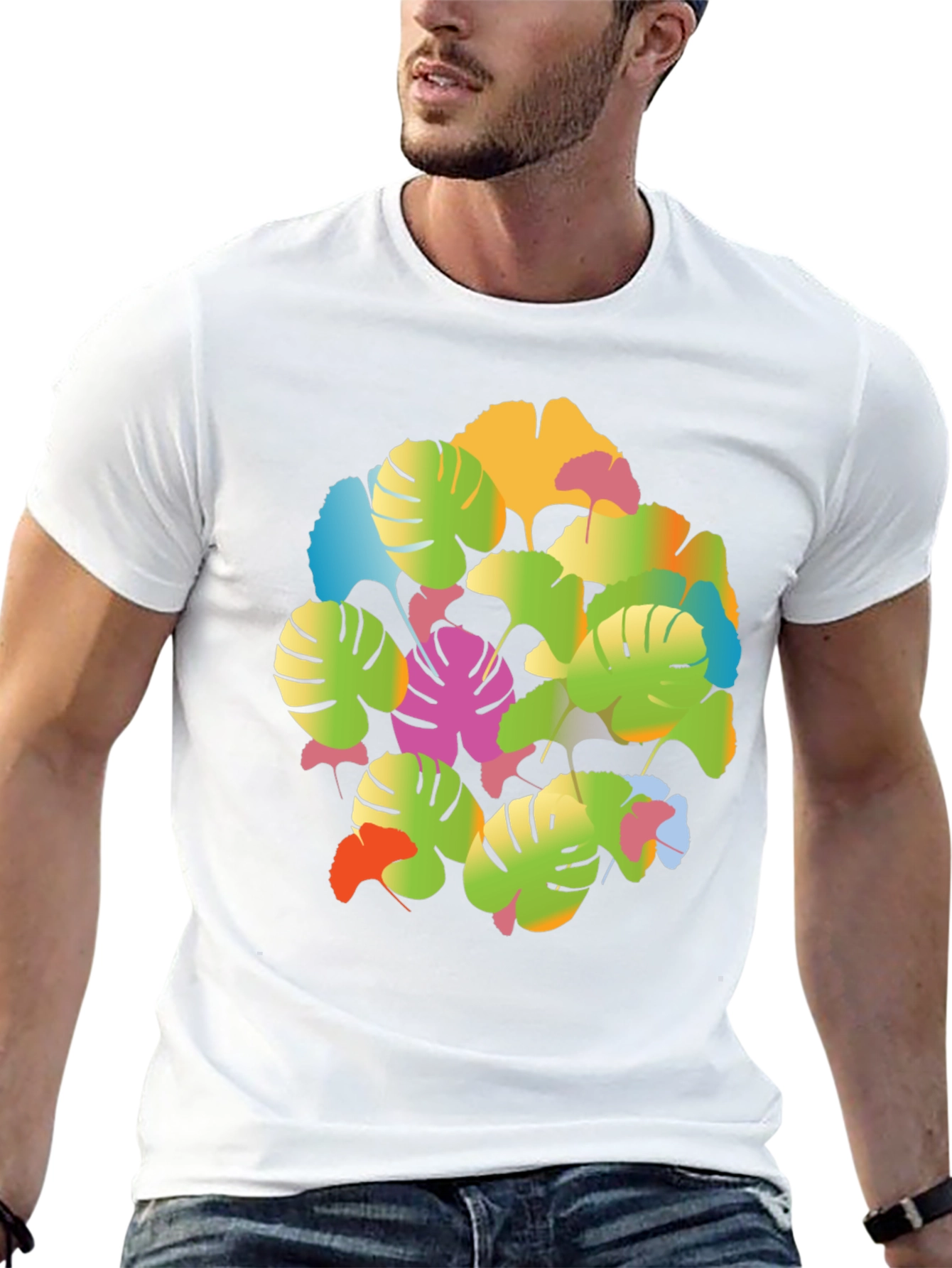 Tropical Leaf Print T-Shirt - Vibrant Graphic Tee