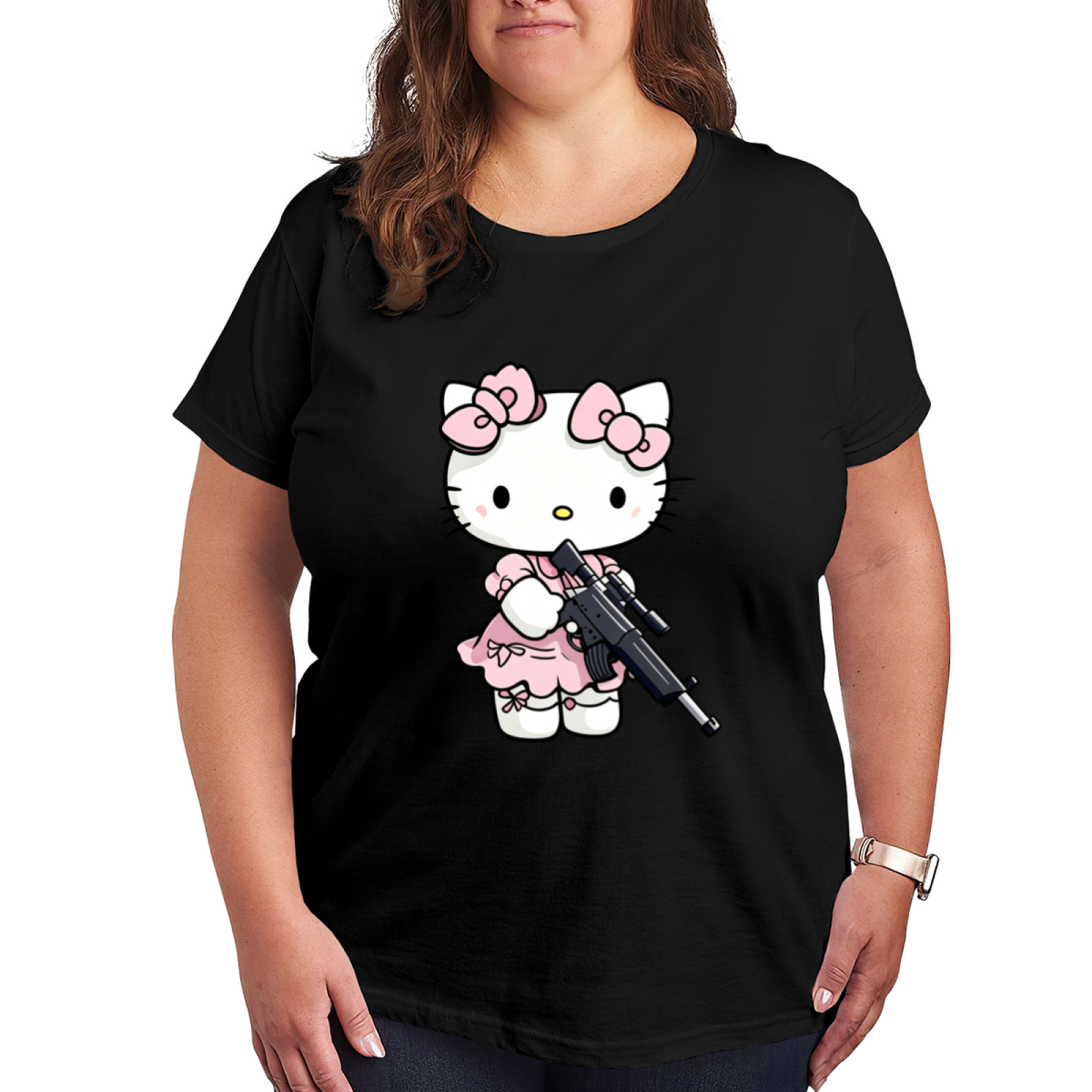 Cool Edgy Hello Kitty With Gun Art Plus?Size Women Statement T?shirt