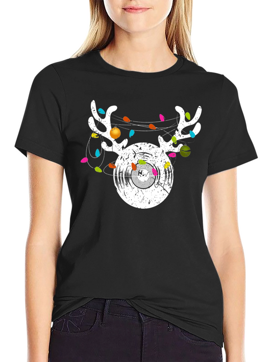 Reindeer Vinyl Record Christmas Graphic T-Shirt