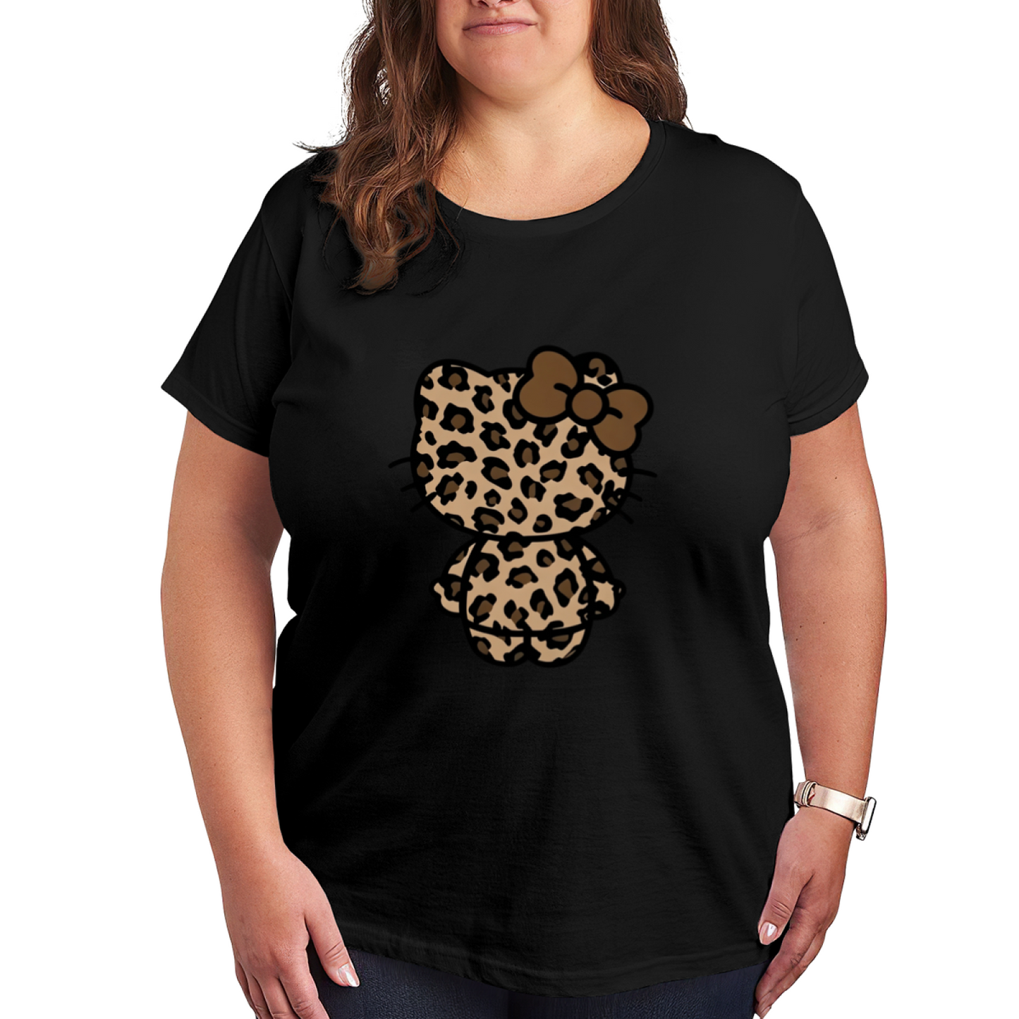 Trendy Leopard?Print Hello Kitty Back View Plus Size Women Tee
