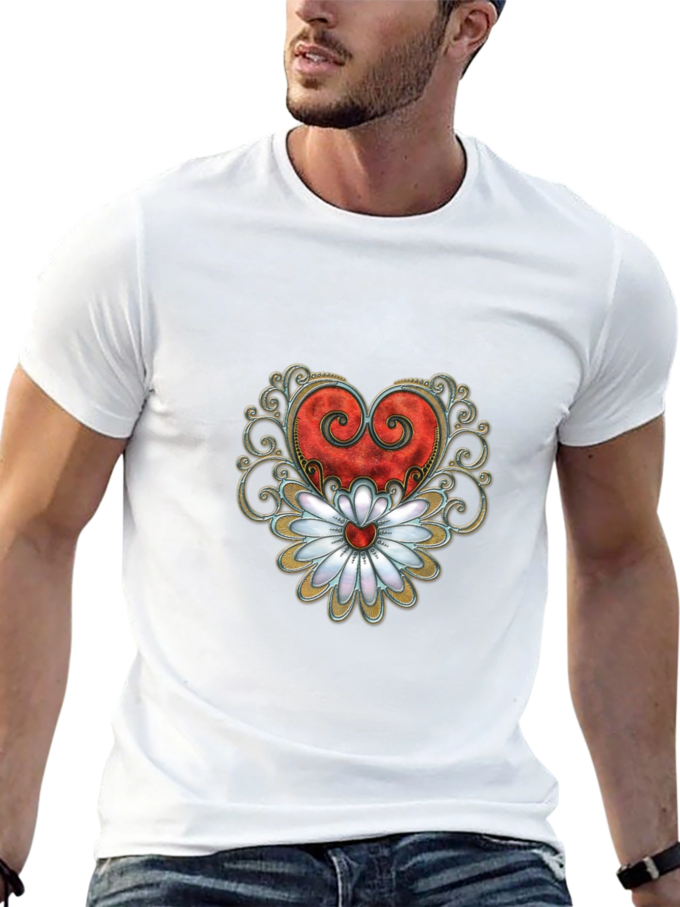 Heart & Flower Graphic Tee - Stylish Black T-Shirt